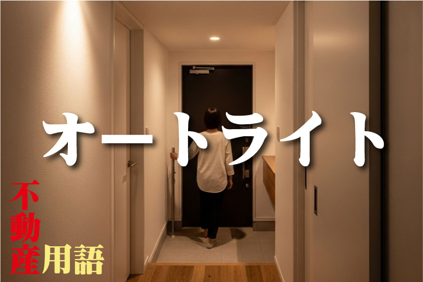 夕暮れ時、日本のモダンなアパートの玄関。人が入った瞬間に天井の照明(オートライト)が自動で点灯し、足元を明るく照らしている。